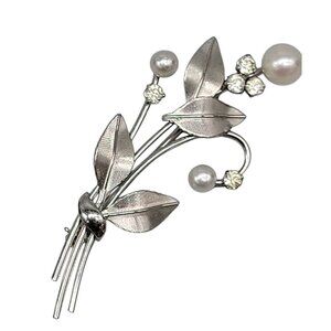 Krementz Pearl Rhinestone 14kgf Brooch White Gold Filled Vintage Floral Pin